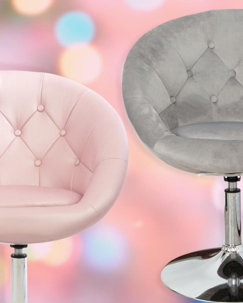 Antoinette Round Tufted Vanity Chair, Cool Gray Velvet