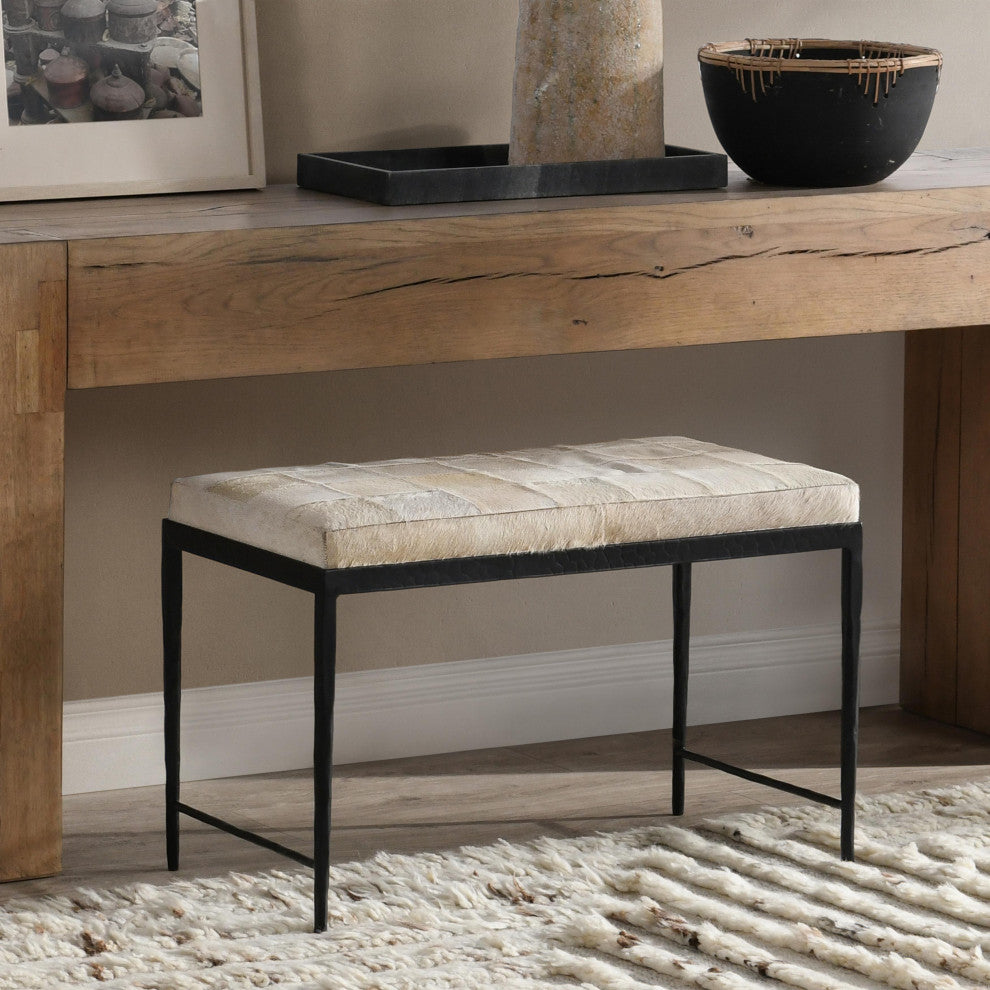 Achen Leather Hide Ottoman Bench by Kosas Home , Beach Ivory, 28"