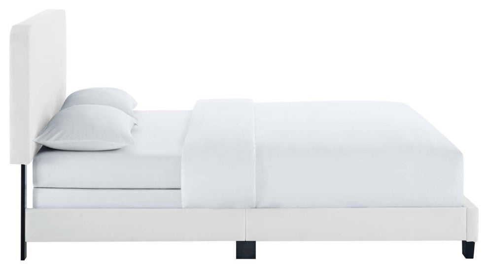 Tufted Platform Bed Frame, Queen Size, Velvet, White, Modern Contemporary