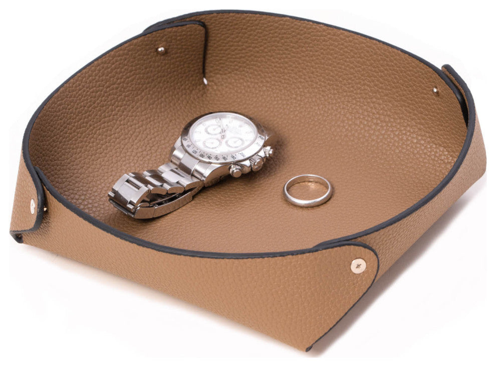Taupe Leather Catchall Valet Tray, Lay Flat Design
