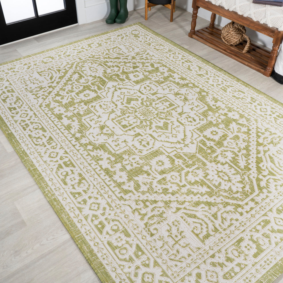 Sinjuri Medallion Textured Weave Indoor/Outdoor, Green/Cream, 4x6