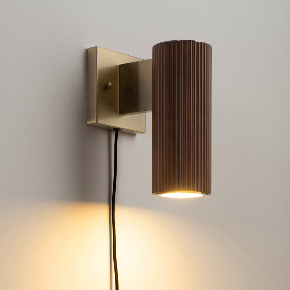 Tambo Wall Sconce - Dark Walnut Wood Finish, Weathered Brass, Dimmer, Dark Walnut