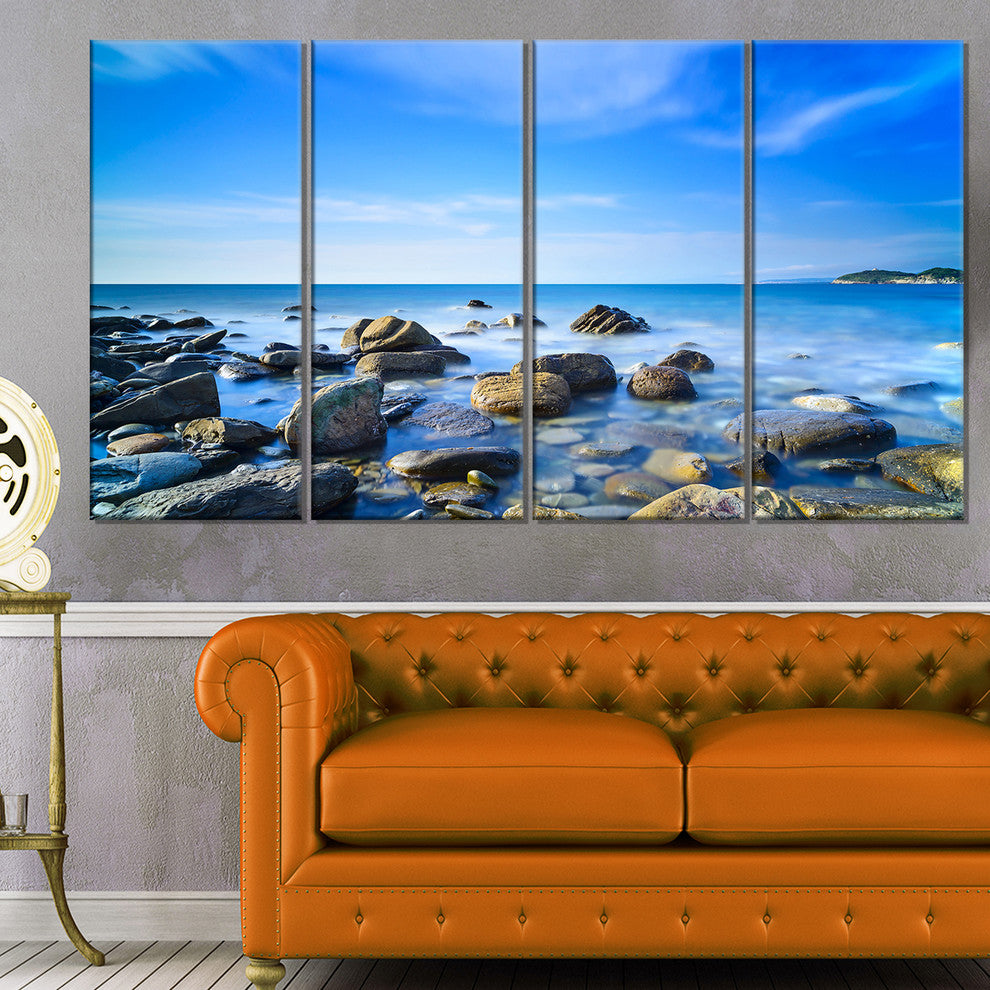 "Baratti Bay Rocks in Waters At Sunset" Seashore Wall Art, 4 Panels, 48"x28"