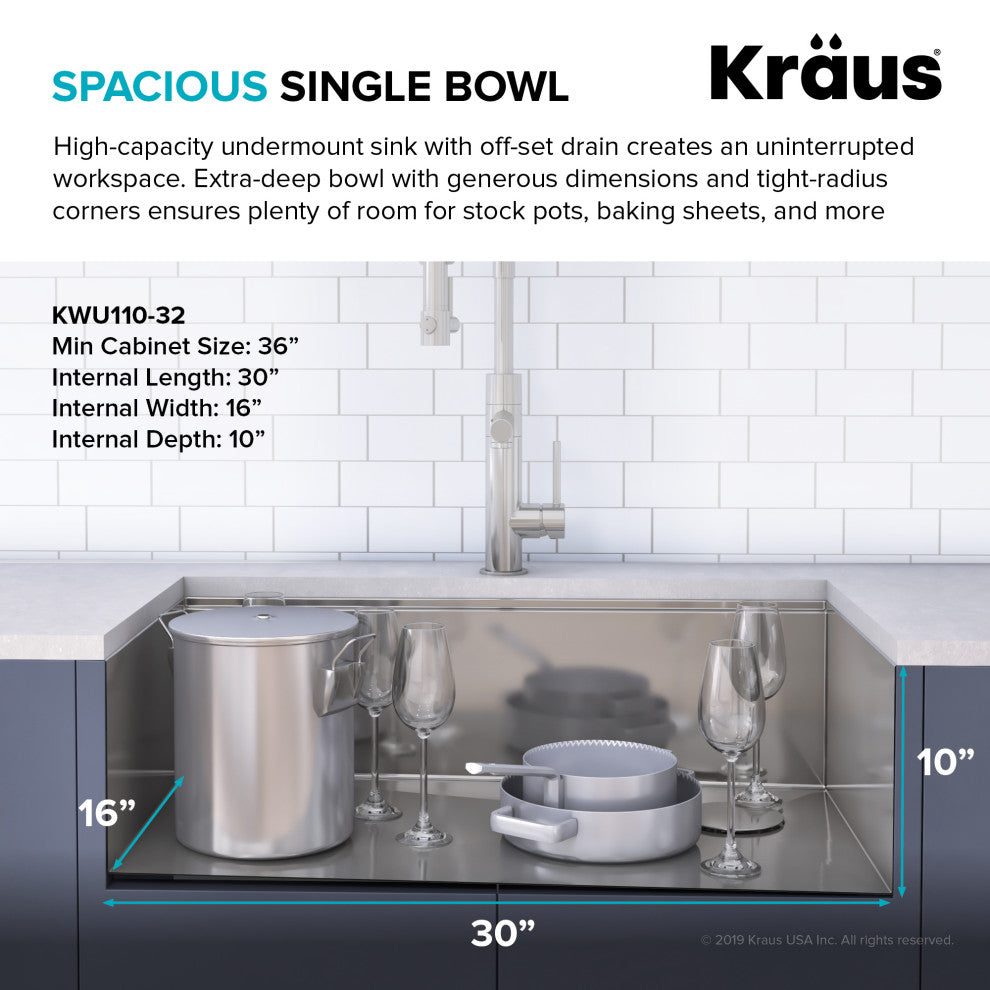 Undermount Stainless Steel Kitchen Sink With Garbage Disposal, 32" Kwu110-32