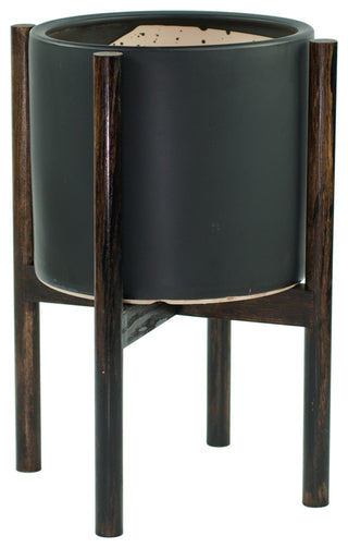 Large Ceramic Planter Cylinder Pot 10" Black With Plant Stand Dark Walnut
