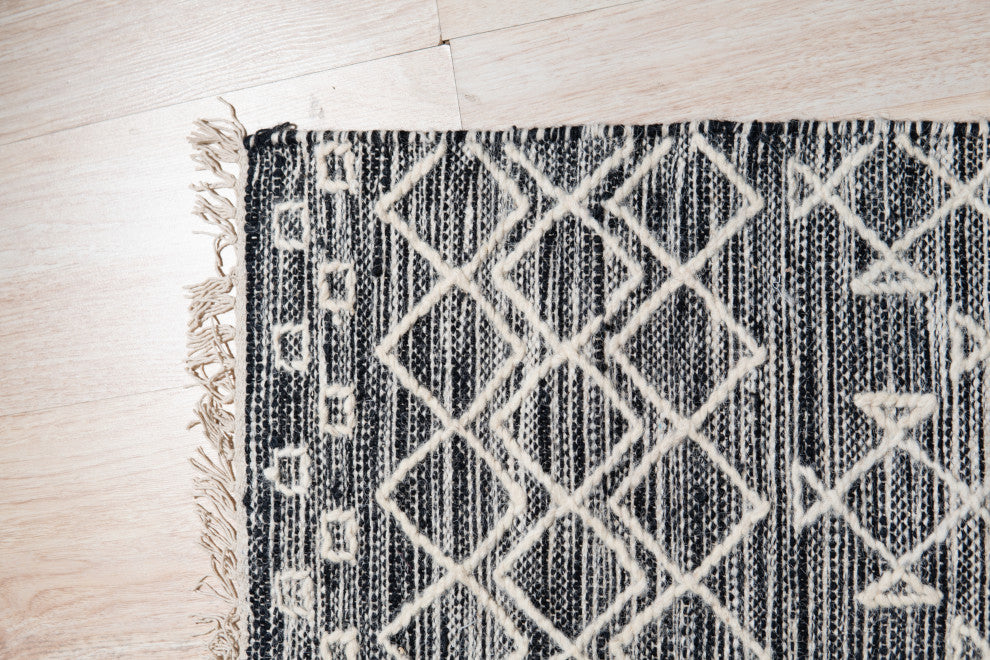 EORC Black Handwoven Wool Punja Kilim Rug 2' x 6'