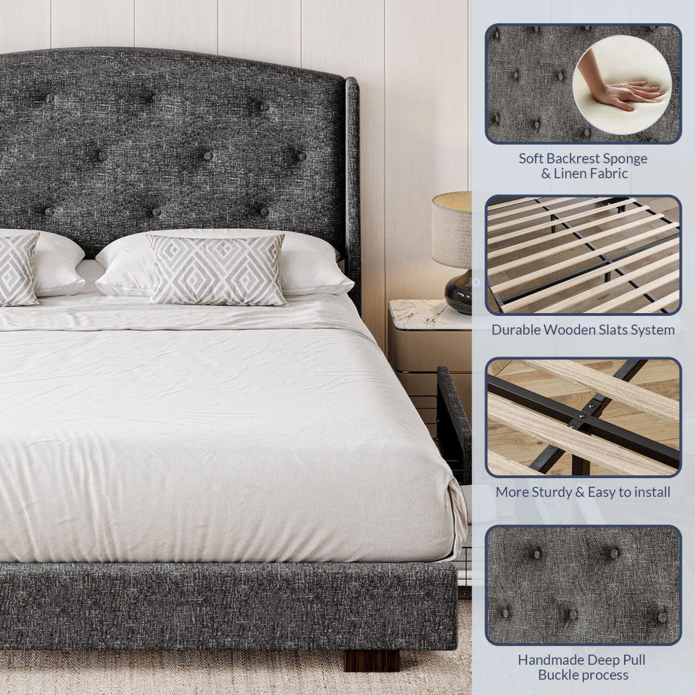 Queen Bed Frame with Headboard 4 Storage Drawers - Gray