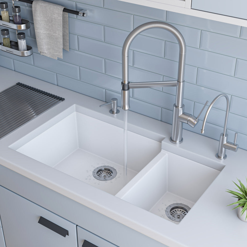 ALFI brand AB3319UM-W White 34" Double Bowl Granite Composite Kitchen Sink