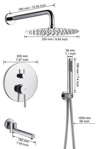 CASAINC 10" Round Wall Mounted Shower System Set Handheld Spray & Bathtub Spout, Chrome