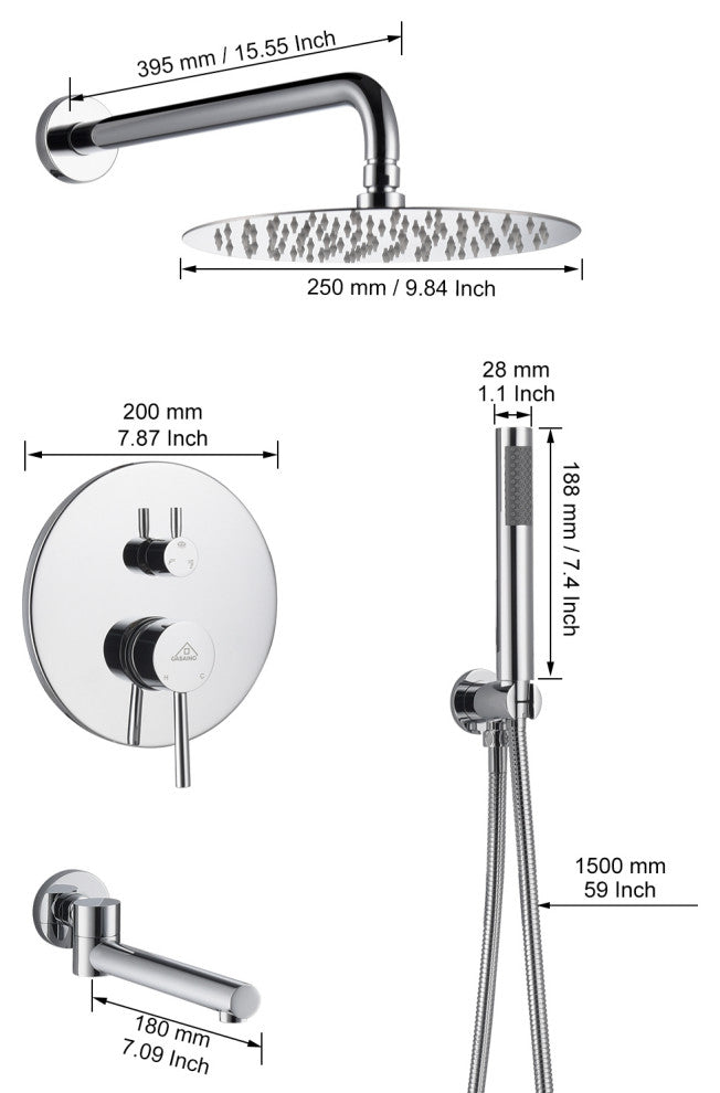 CASAINC 10" Round Wall Mounted Shower System Set Handheld Spray & Bathtub Spout, Chrome
