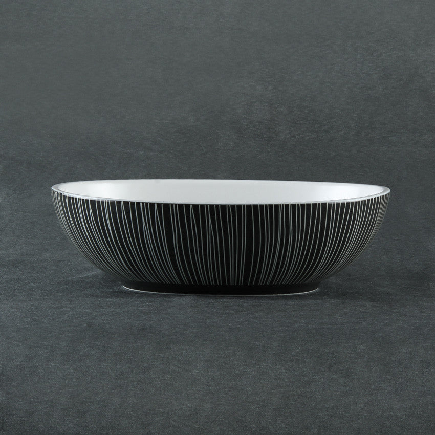 Black and White Dinnerware set, Black With White Lines, Small Oval Serving Bowl