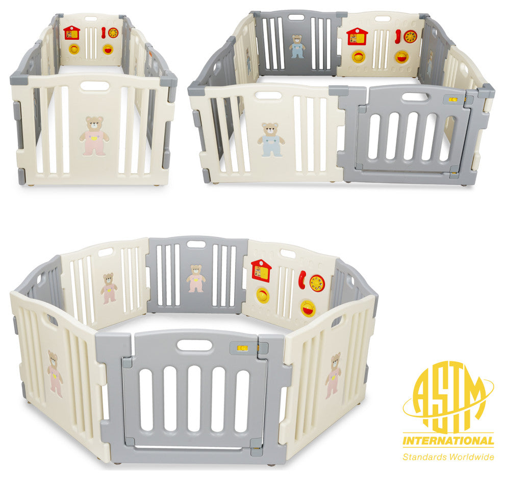 Kidzone Interactive Baby Playpen 8 Panel Safety Gate ASTM Certified, Grey-White