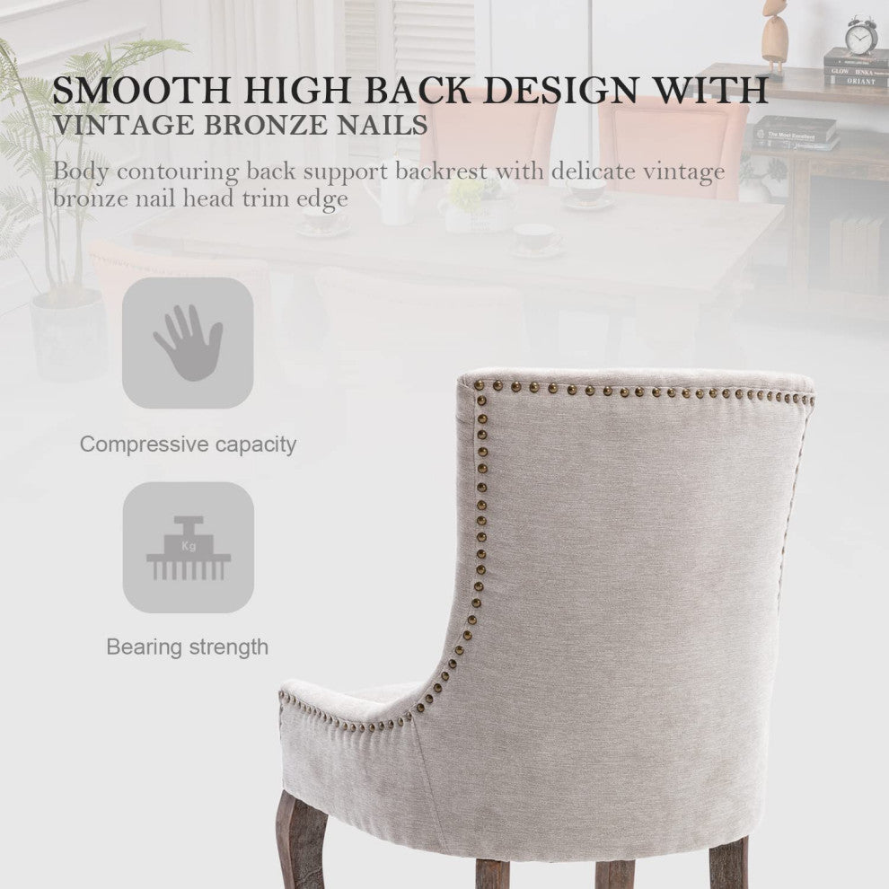 Upholstered Dining Chairs with Solid Wood Legs, Nailhead Trim, Set of 2, Grey
