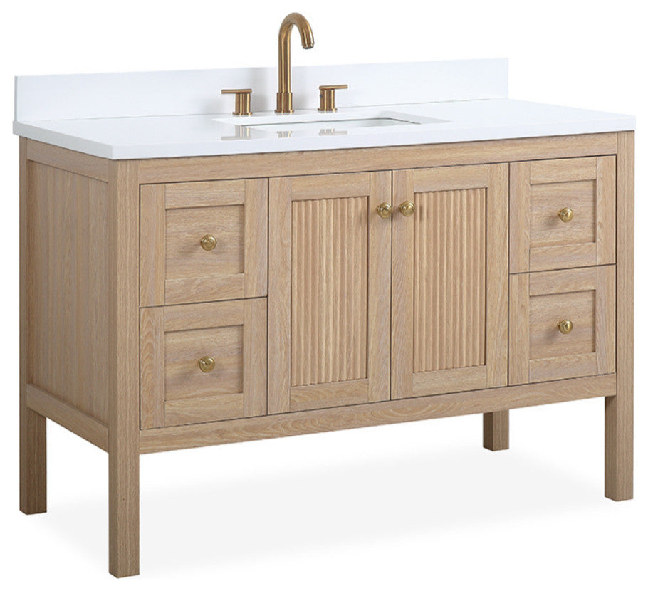 Modern Light Oak Sera Bathroom Vanity With White Quartz Top, 48" Single Sink