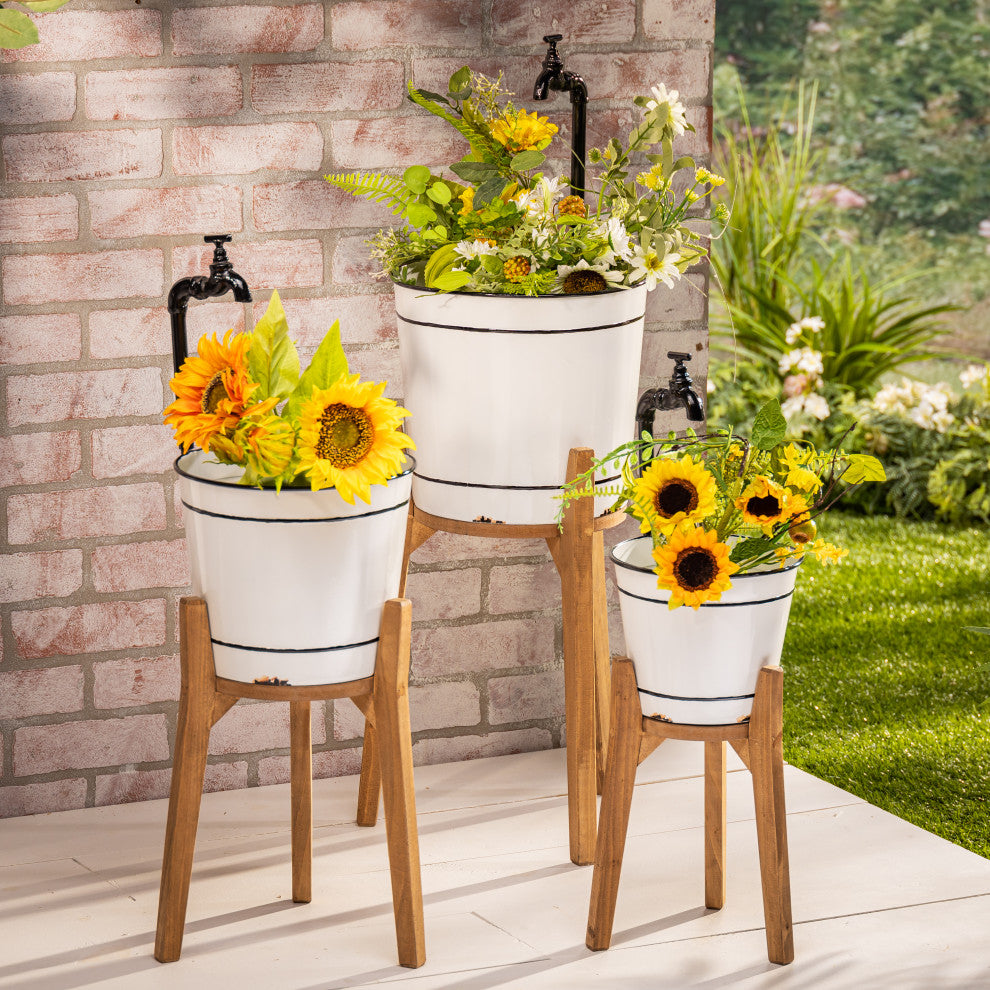 Set of 3, Assorted Metal Faucet Planters, Stands