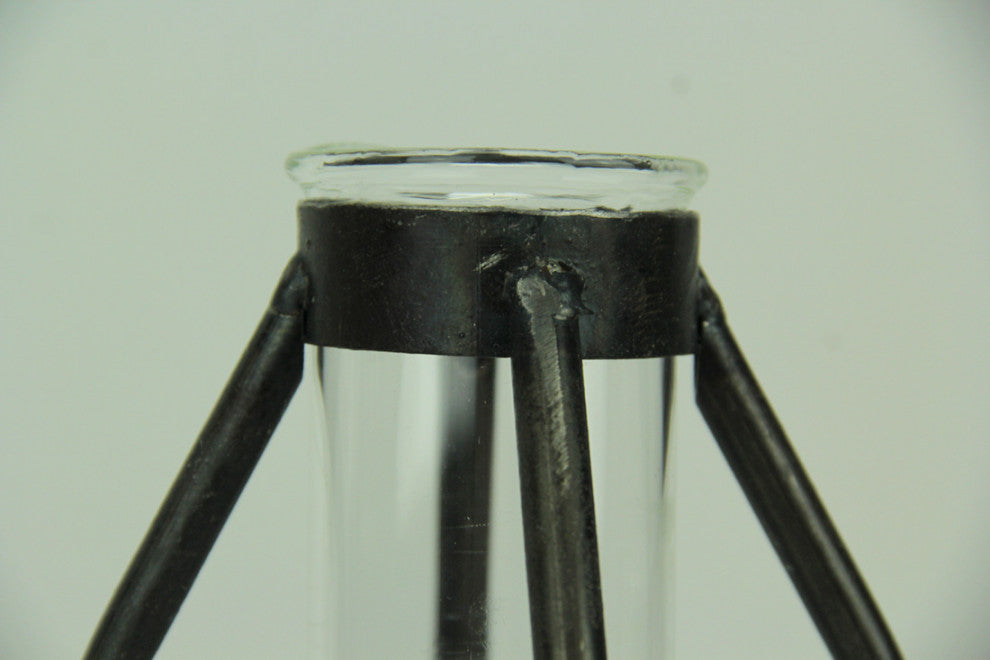 Modern Art Glass Tube Bud Vase with Metal Cage Frame Set of 3