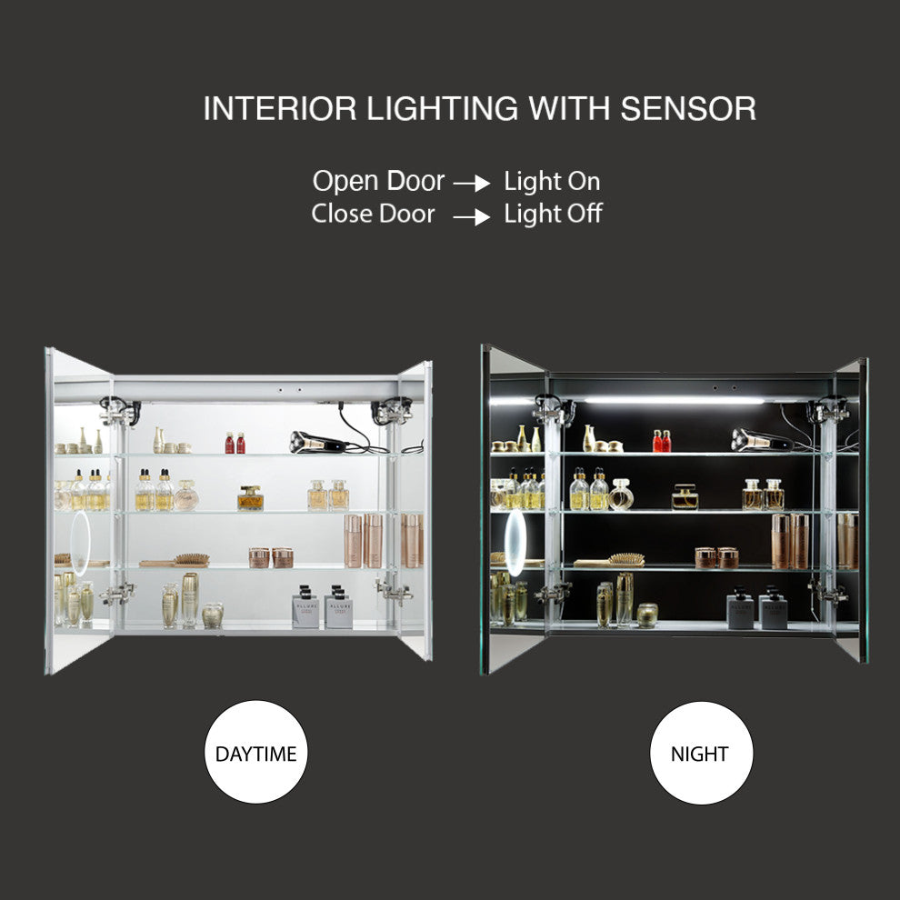 LED Medicine Cabinet With Defog, Dimmer, Makeup Mirror, Outlets, 36x32