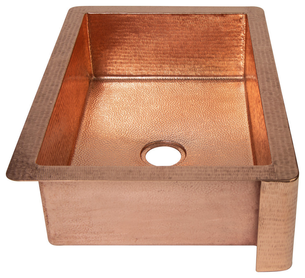 33" Farmhouse Single Bowl Straight Apron Hammered Copper Kitchen Sink, 16 Gauge