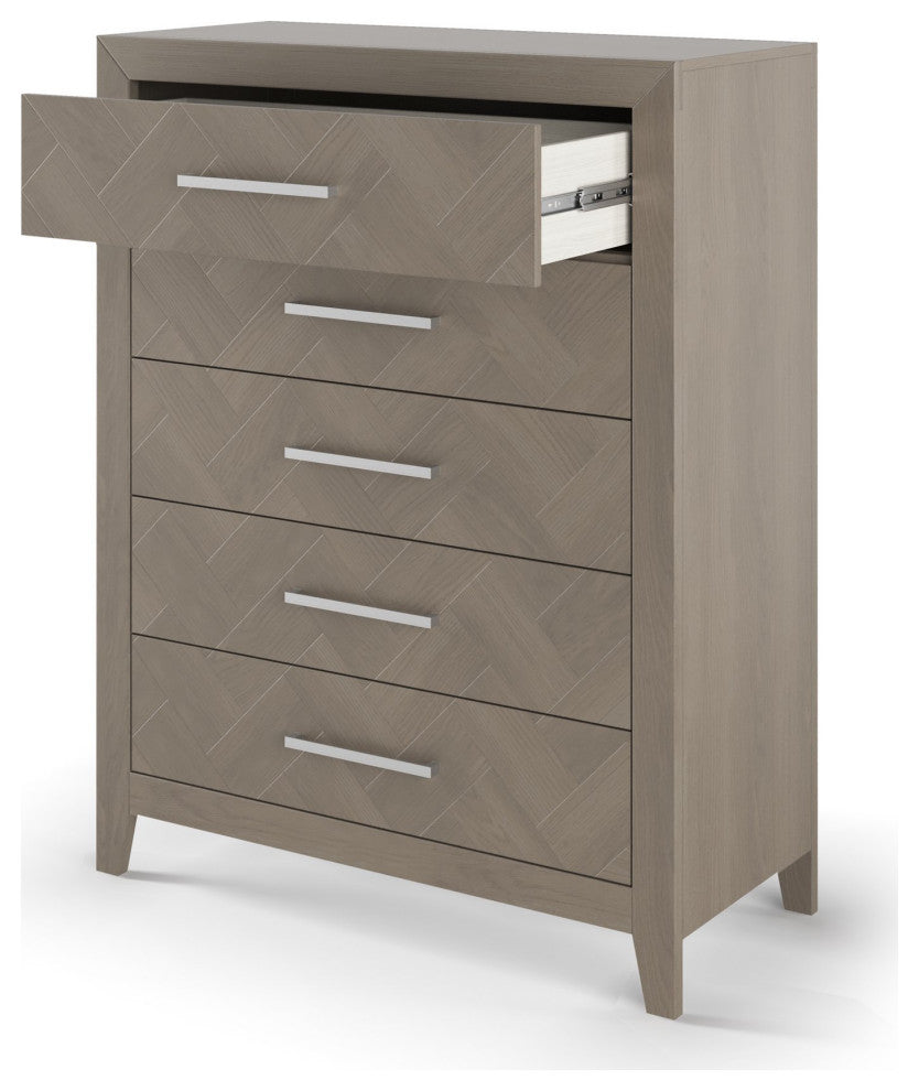 Modern Vertical Dresser, 5 Drawers With Elongated Metal Pulls, Crescent Gray
