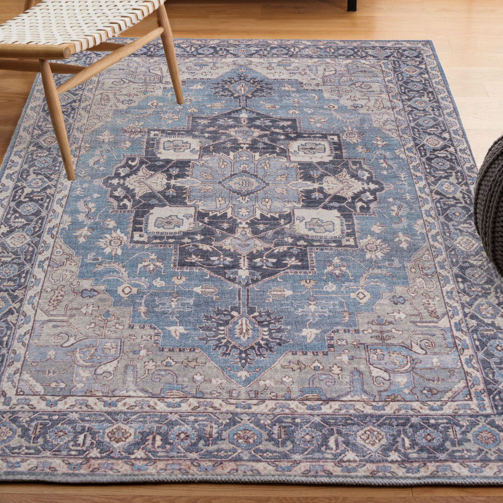 Maris Ornate Medallion Machine-Washable Blue/Cream 4 ft. x 6 ft. Area Rug