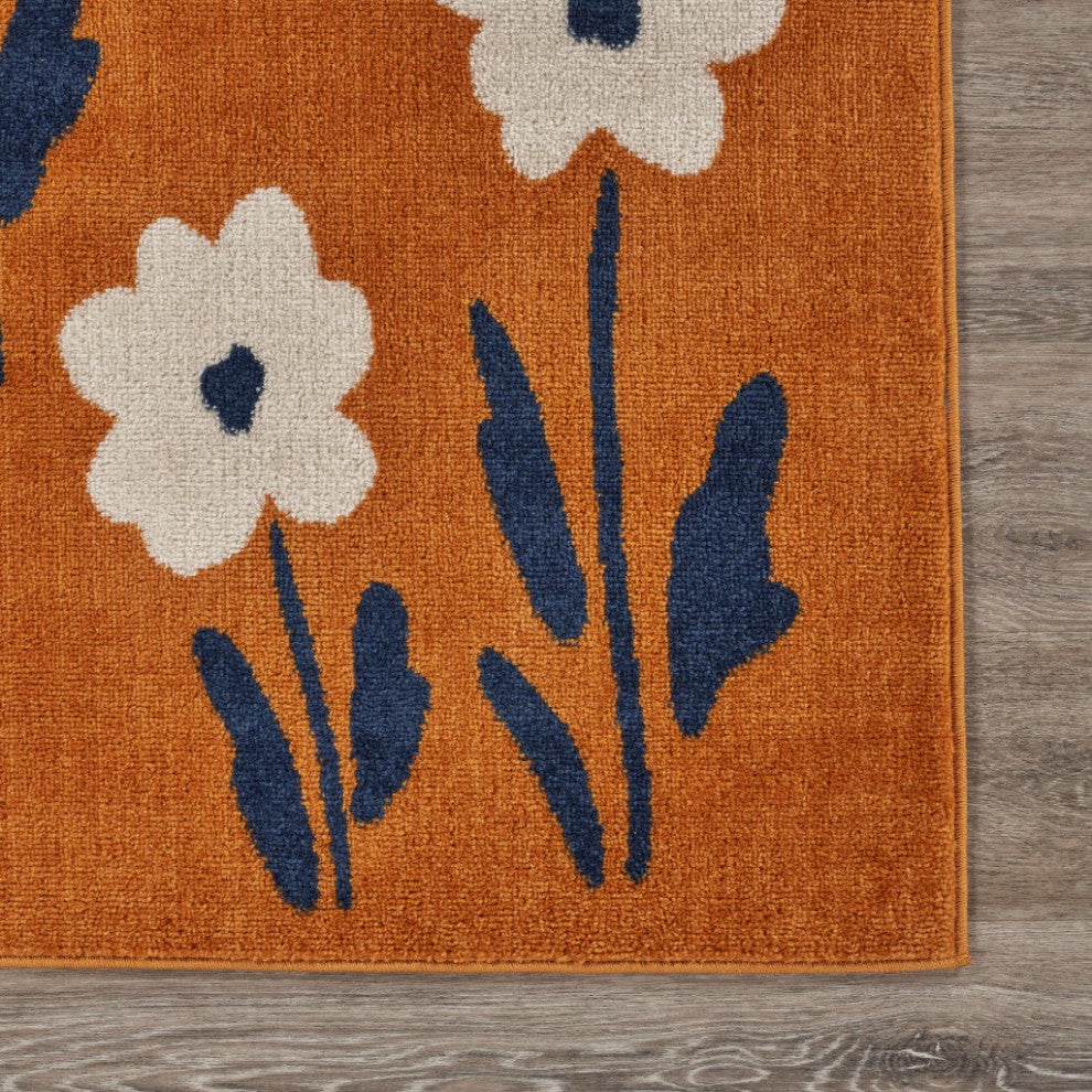 8" x 9" Orange and Ivory Flower Field Area Rug