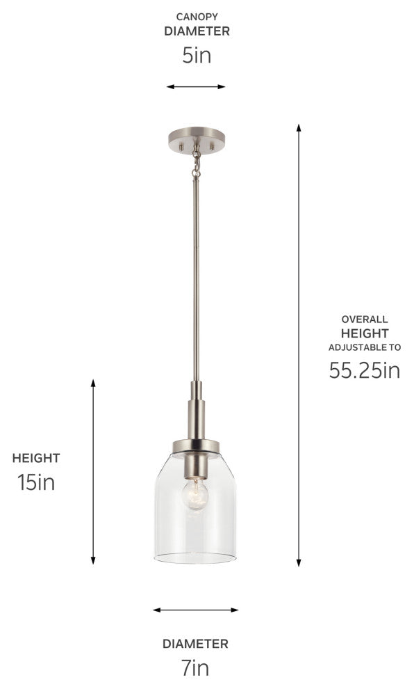 Madden 15" 1 Light Mini Pendant, Clear Glass, Brushed Nickel