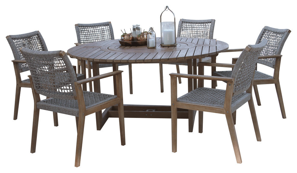 6 Person Antique Wash Lazy Susan Table With Wheat Rope Chairs