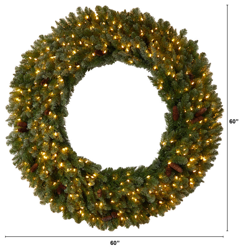 5' Flocked Faux Xmas Wreath W/Pinecones, Clear LED Lights & Bendable Branches