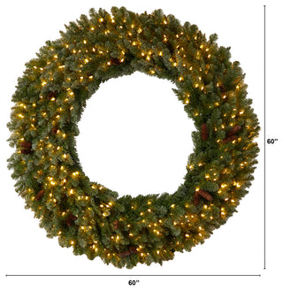 5' Flocked Faux Xmas Wreath W/Pinecones, Clear LED Lights & Bendable Branches