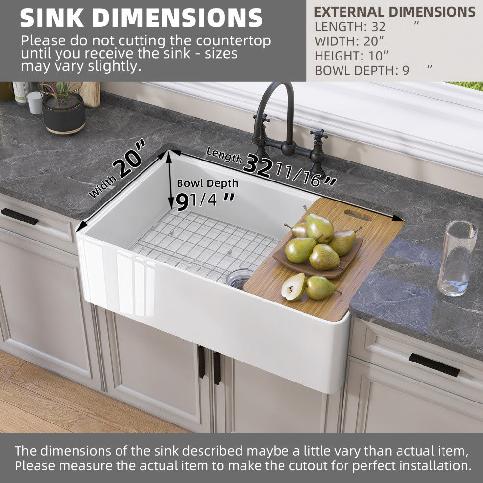 33"Lx20"W Farmhouse/Apron Farm Fireclay Kitchen Sink With Sink Grid And Strainer