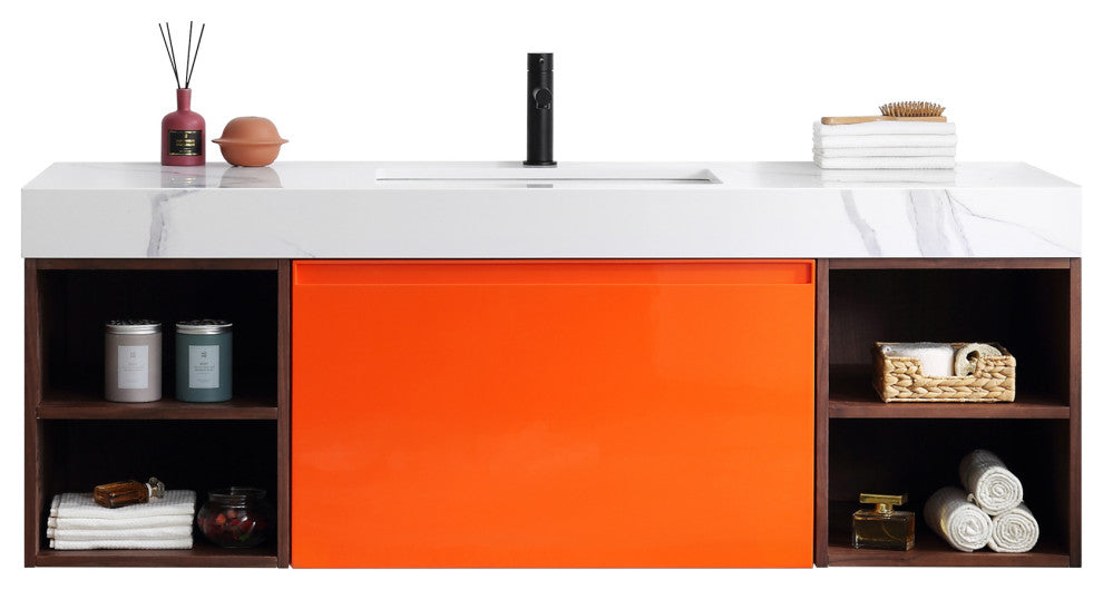 Manarola Red Amber with Thick Quartz Wall Mount Vanity, Open Shelf, 60"