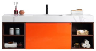 Manarola Red Amber with Thick Quartz Wall Mount Vanity, Open Shelf, 60"