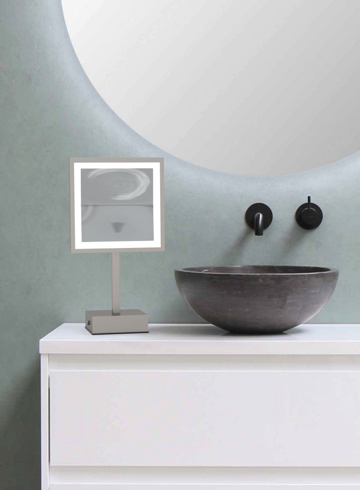 Single Sided Led Square FreestandIng Mirror Plug-In, Brushed Nickel