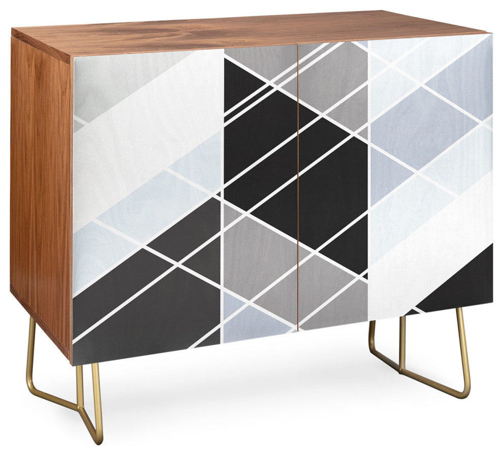 Deny Designs Nordic Slant Geometric Credenza, Walnut, Gold Steel Legs