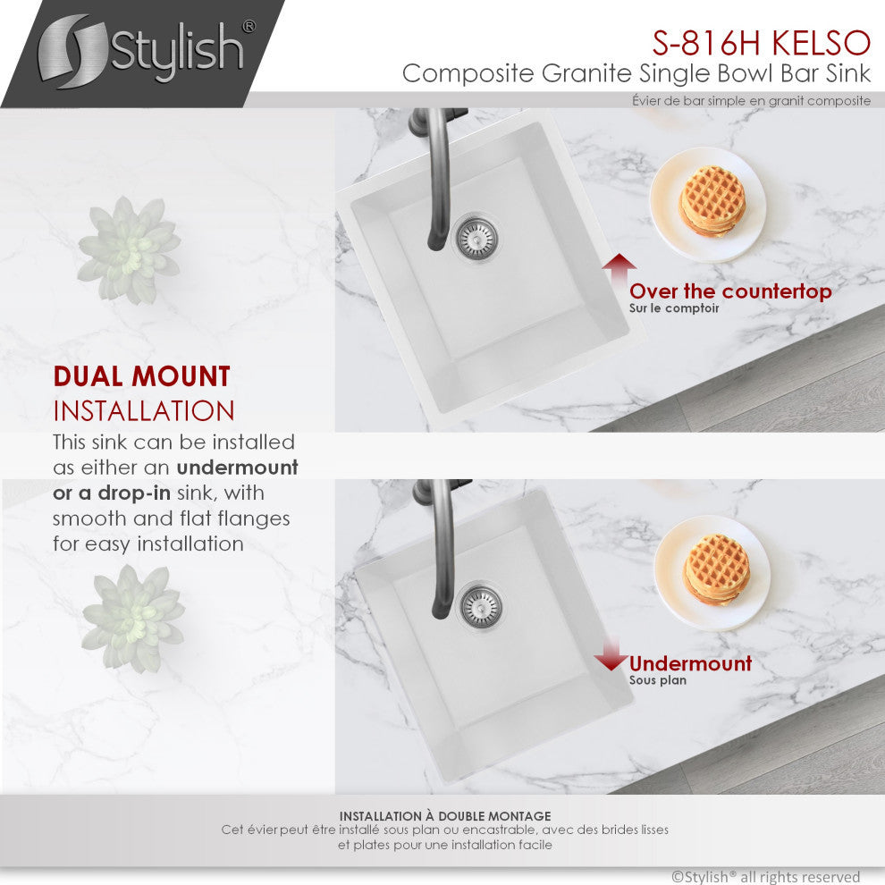 STYLISH 16"Dual Mount Single Bowl White Granite Kitchen Sink