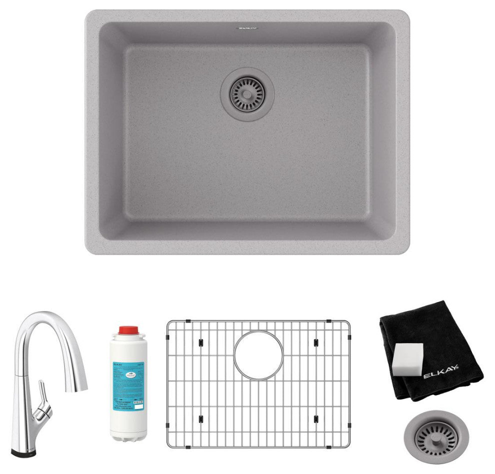 Quartz Classic 25" Undermount Sink Kit With Filtered Faucet, Greystone