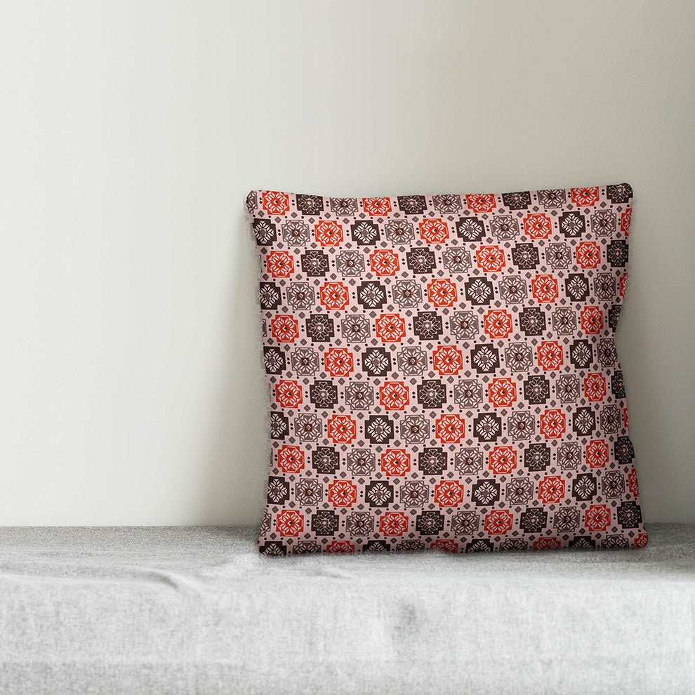 Square Flowers, Red Throw Pillow, 16"x16"