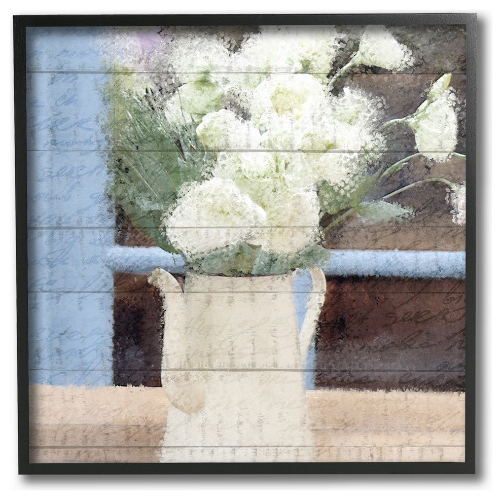 Painted Watercan & White Flowers on Planked Wood Framed Giclee Art, 12"x12"