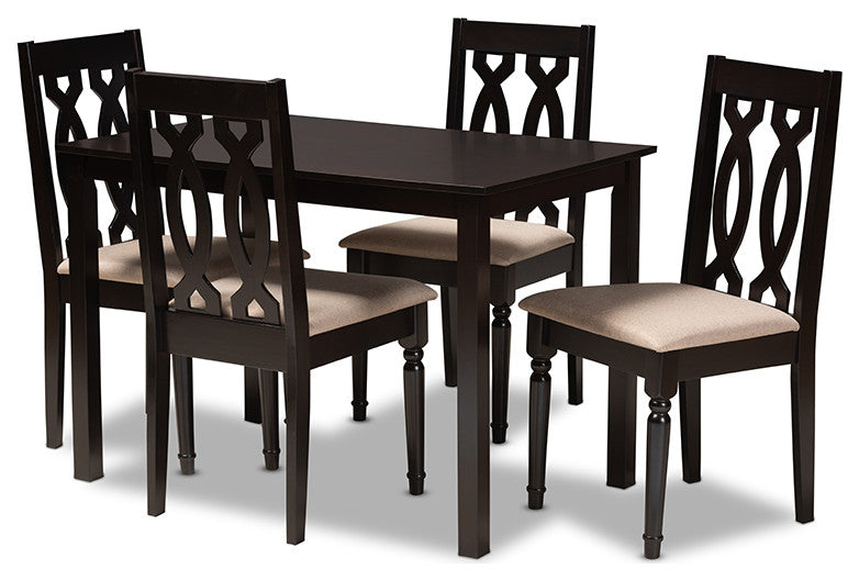 Cherese Sand Fabric Upholstered Espresso Browned 5-Piece Wood Dining Set
