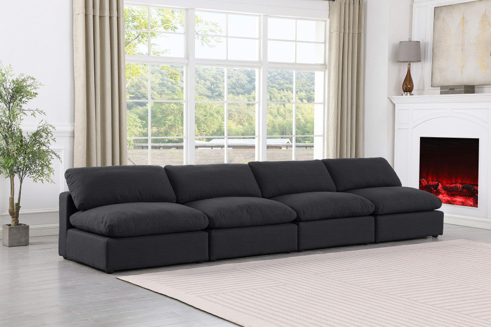 Comfy Upholstered Modular Sofa, Black, 4-Piece: 4 Armless Chair, Linen Textured Fabric