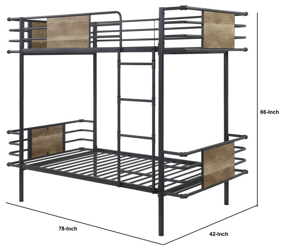 Benzara BM235363 Metal Twin Over Twin Bunk Bed With Attached Ladder, Black