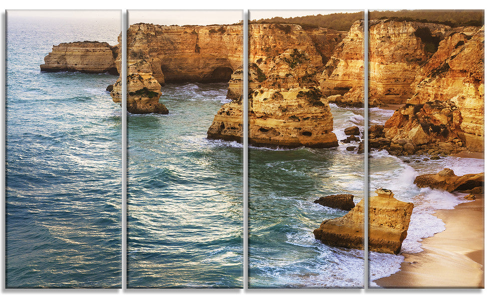 "Golden Rocks and Beach At Algarve" Seashore Wall Art, 4 Panels, 48"x28"