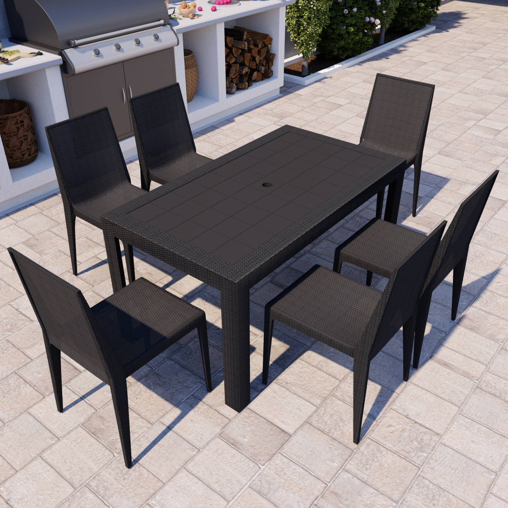 LeisureMod Mace Mid-Century 7-Piece Rectangular Outdoor Dining Set, Black