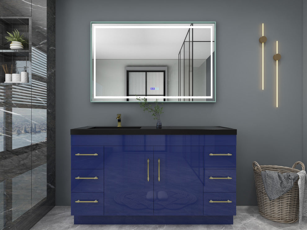 Rosa 60" Free Standing Modern Vanity, High Gloss Night Blue, Matt Black Top