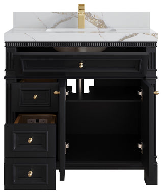 Paris 36" Center Sink Bathroom Vanity, Black 2" Calacatta Gold
