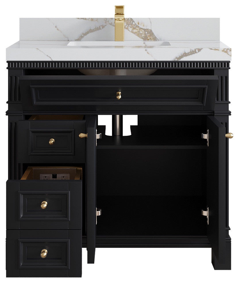 Paris 36" Center Sink Bathroom Vanity, Black 2" Calacatta Gold