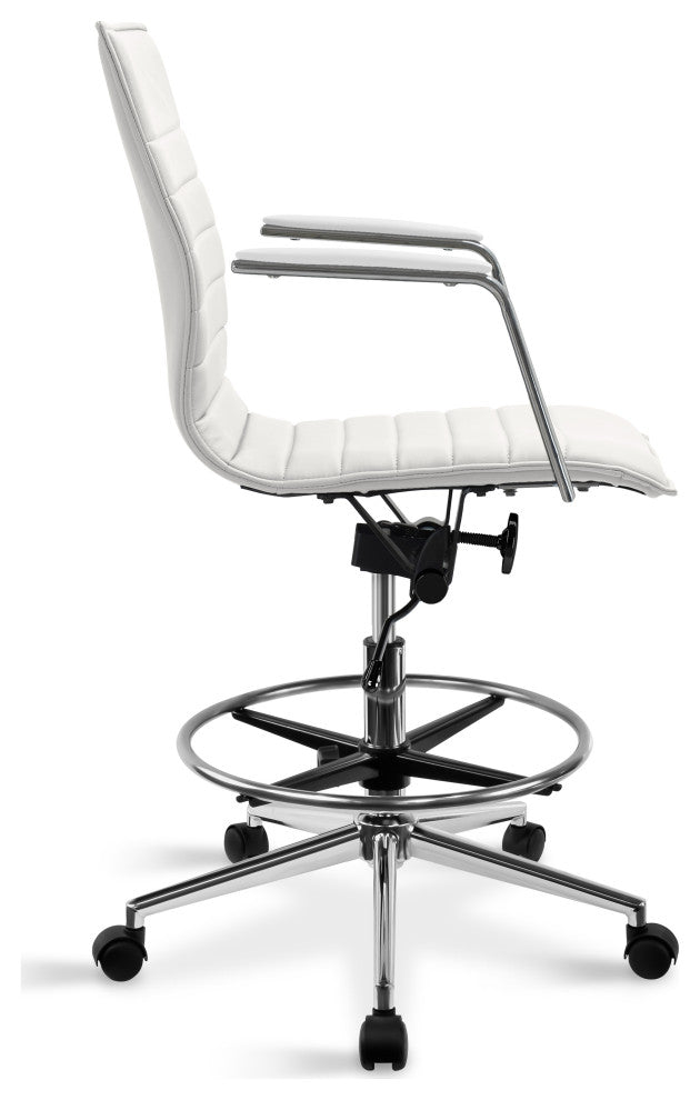 Drafting Chair Upholstered PU Leather Ribbed Mid Back Swivel Armchair, White