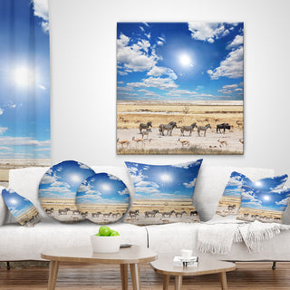 Wandering Zebras Under Bright Sky Landscape Printed Throw Pillow, 18"x18"