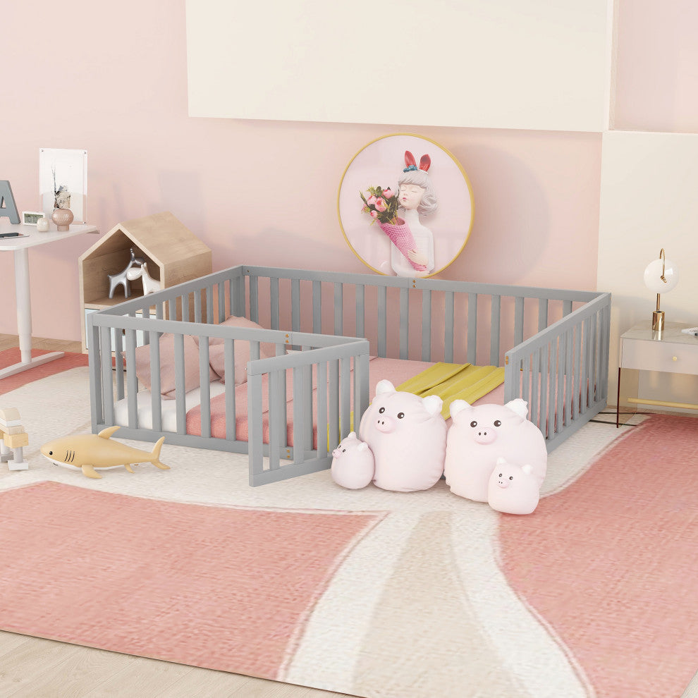 TATEUS Stylish and Versatile Floor Bed for Kids"™Bedroom Fences, Gray, Full