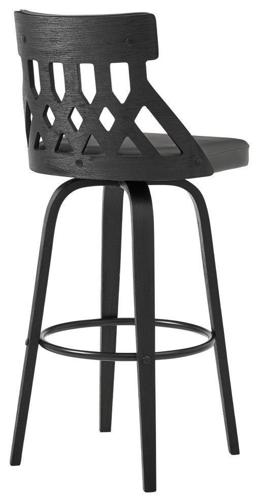 26" Gray Faux Leather Curved Back Walnut Wood Swivel Bar Stool